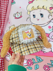Yellow Plaid Pattern Puppy Plush Ears Adjustable Beret