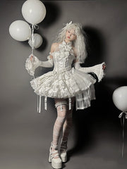 White Heart Buckle Strappy Tiered Ruffles Gothic Lolita Skirt