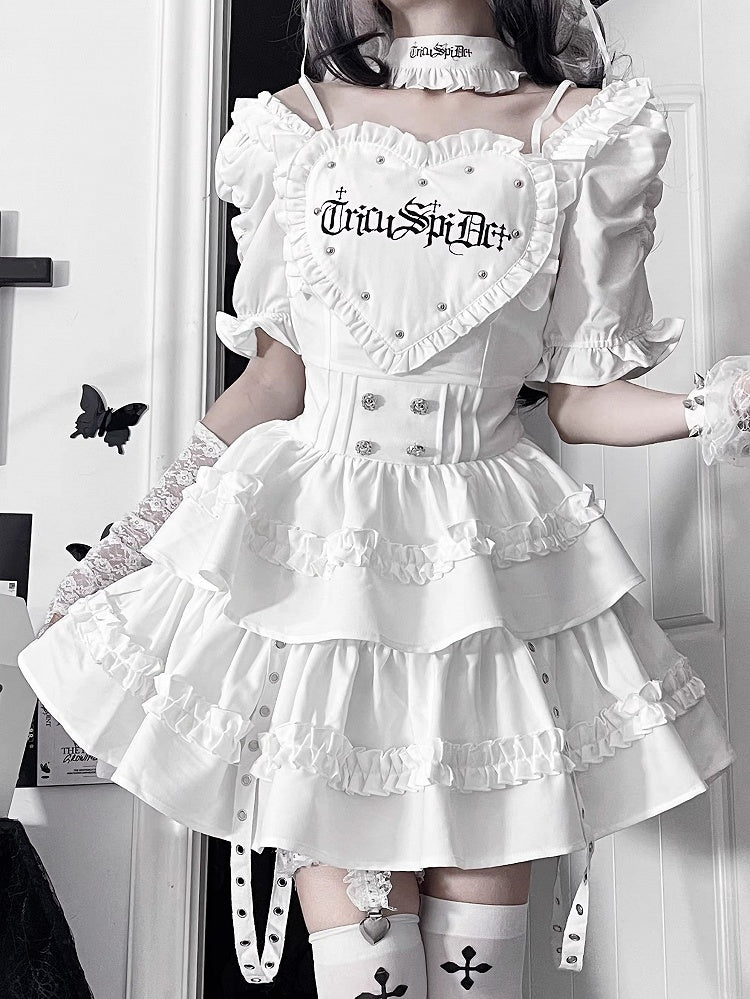 White Gothic Short Puff Sleeve Dress with Heart Patch & Layered Ruffle Skirt