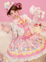 Yellow & Pink Sweet Bunny and Cupcake Print Lolita Overall Dress