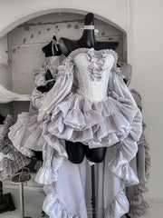 Silvery Balletcore Lace-up Corset Top + Big Bow Train + Skirt + Sleeves Full Set