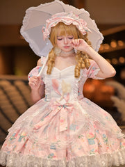 Tulip Print Pink Off-Shoulder Elegant Lolita Dress with Drawsting Tulle Overlay