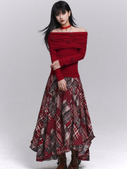 Red Christmas Off-the-shoulder Neckline Long Sleeves Top with Floral Design