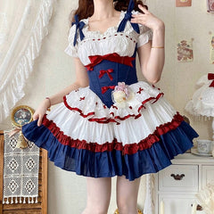 Dark Blue and Red Boned Waist Snow White Ruffle Skirt Sweet Lolita Dress