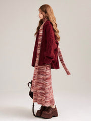 Red Loose Hooded Cardigan with Button Placket