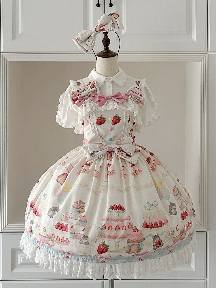 Strawberry Cake and Hamster Print Beige Sweet Lolita Dress