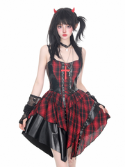 Red Punk Rock Cami Dress with Patchwork, Lace-up Design & Plaid Pattern