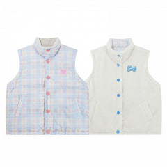 Daily Kawaii Pink 2-Way Plaid Vest with Heart Button Closure & Plush Fleece Lining