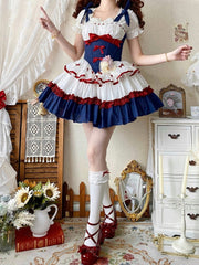 Dark Blue and Red Boned Waist Snow White Ruffle Skirt Sweet Lolita Dress