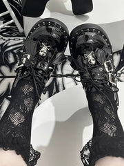 Y2K Polished Black Punk Stud Buckle Strap Bat Wings Design Platform Shoes