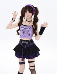 Clearance - Size M for Waist 68cm Y2K Black and Purple Plaid Buckle Belt Design Lined Tiered Skirt with Cross Garter