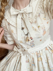 Long Version Beige Bear Print Short Sleeves Sweet Lolita Dress