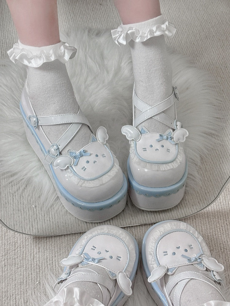 Yume Kawaii Blue & White Round Toe Kitty  Angel Heart Buckle Platform Lolita Shoes