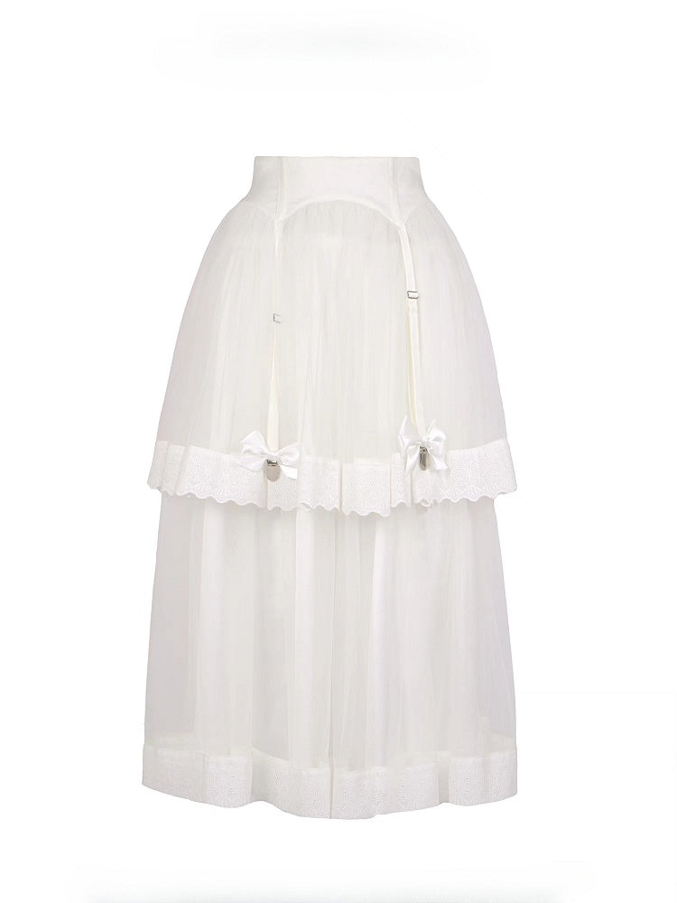 White Layered Tulle Gothic Lolita Skirt with Bow Details