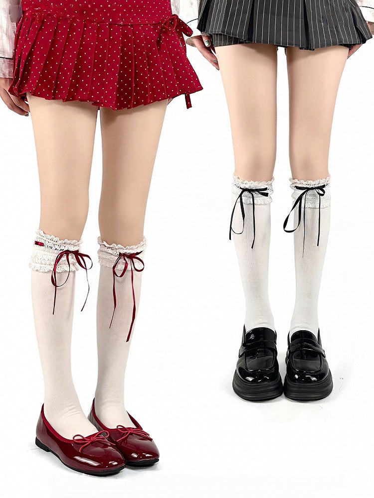 White Lace Trim Lolita Calf Socks with White/Red/Black Bowknots