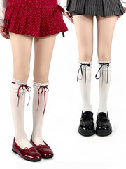 White Lace Trim Lolita Calf Socks with White/Red/Black Bowknots