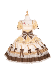 Yellow Square Neckline and Puff Sleeves Sweet Bowknot Details Lolita Dress