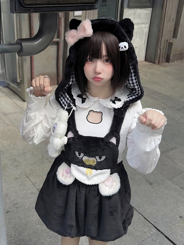 Soft Kawaii Black Plush Bloomer Overall Shorts with Cat & Paw Embroidery & Detachable Cat-Ear Hood