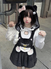 Soft Kawaii Black Plush Bloomer Overall Shorts with Cat & Paw Embroidery & Detachable Cat-Ear Hood