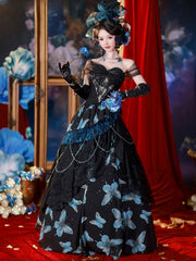 Black & Blue Butterfly Print Off-the-shoulder Lolita Dress+Skirt+Birdcage Petticoat+Hairclips+Necklace+Earrings+Wrist Cuffs Set
