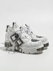 White Platforms in Gothic Style - Skeleton And Flame Detailing & Skeleton Design Buckles