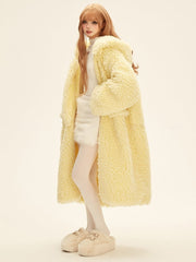 Yellow Winter Long Fleece Hooded Coat with Drawstrings