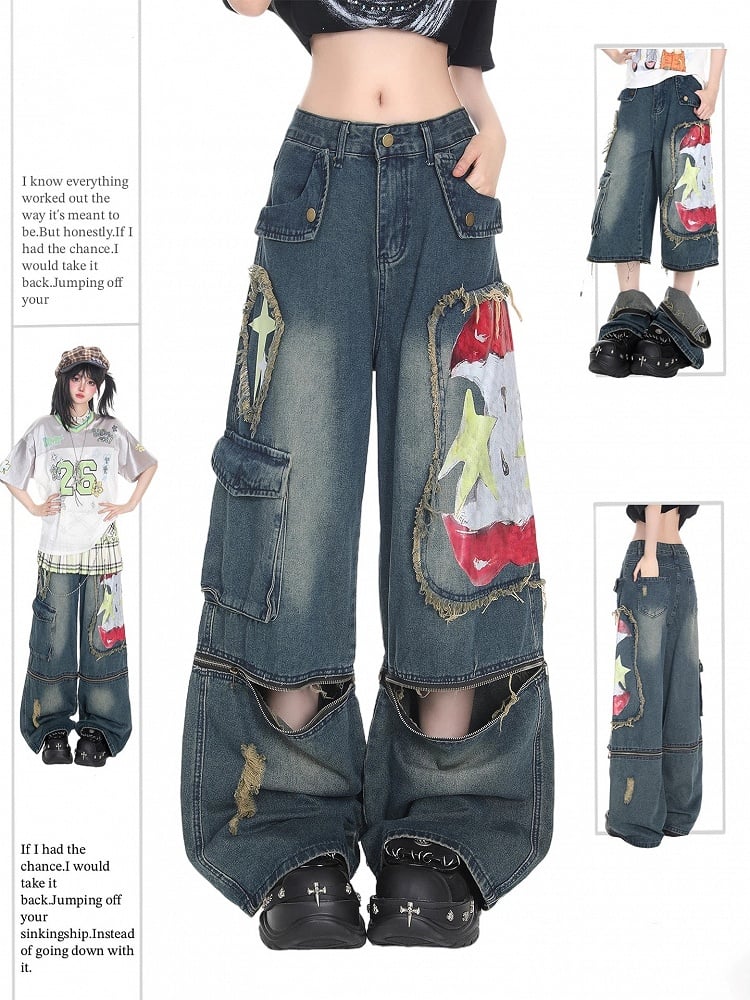 Y2K Deep Blue Convertible Wide-leg Jeans with Distressed Design & Graffiti Apple Print