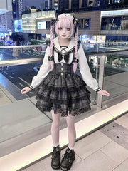 Vintage Gray Plaid Landmine Style Suspender Tiered Skirt with Flutter Sleeves