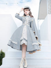 Blue Military Lolita One Shoulder Cape with Golden Trim Fringe Details