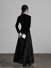 Urban Goth Black & White V-Neck Asymmetrical-Button Velvet Cardigan