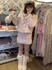 White Plush Hem Pink Plaid Skirt