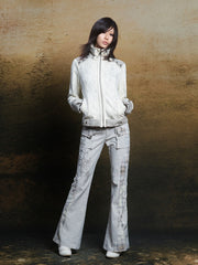 Vintage Light Gray Punk Flared Pants with Plaid Accents & Rhinestone Detail