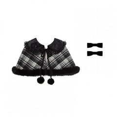 Winter Lolita Plaid Pattern Reversible Cape with Lace and Plush Fur Trim