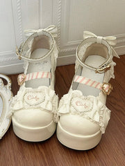 White Sweet Lolita Teddy Bear Themed Platforms with Scalloped Hem, Bow Accents & Heart Snap