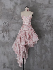 Pink Fairycore Magnolia Floral Print Vacation Dress V-neck Spaghetti Straps Dress