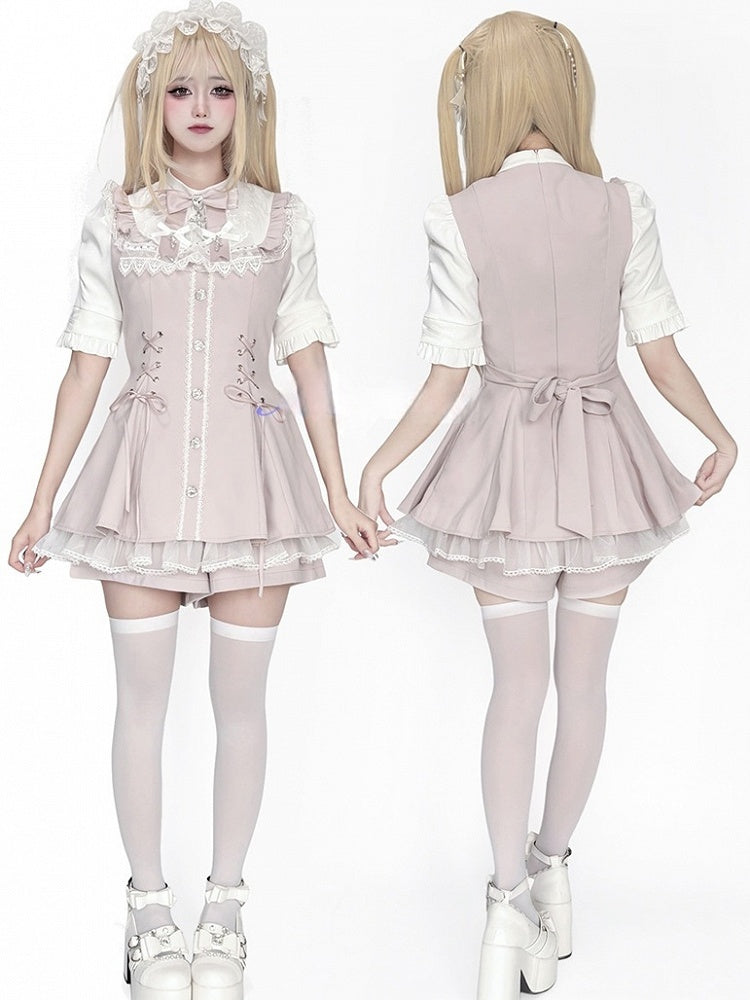 Jirai Kei Pink Coord Set: Short Sleeve Dress with Bib Bow Tie, Lace-Up Waist & Attached Shorts