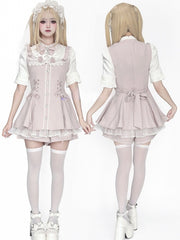 Jirai Kei Pink Coord Set: Short Sleeve Dress with Bib Bow Tie, Lace-Up Waist & Attached Shorts