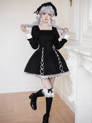Black Juliette Sleeves Lolita Short Dress with Contrast Lacing and Lace Trim