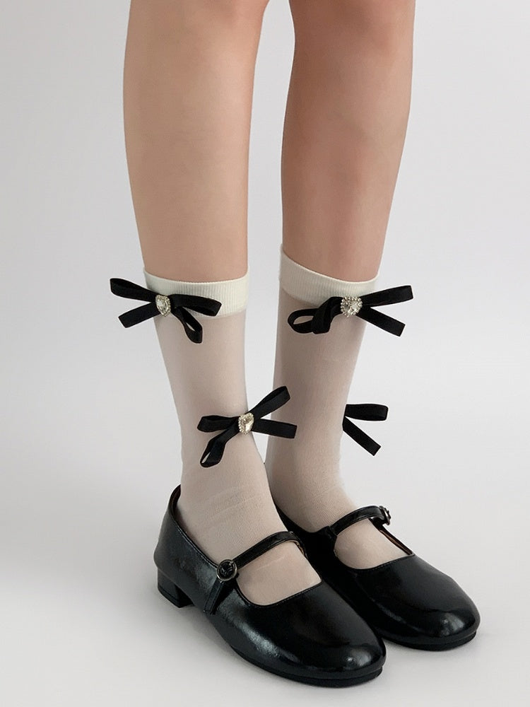White/Black Heart-shaped Rhinestones Bowknots Summer Socks