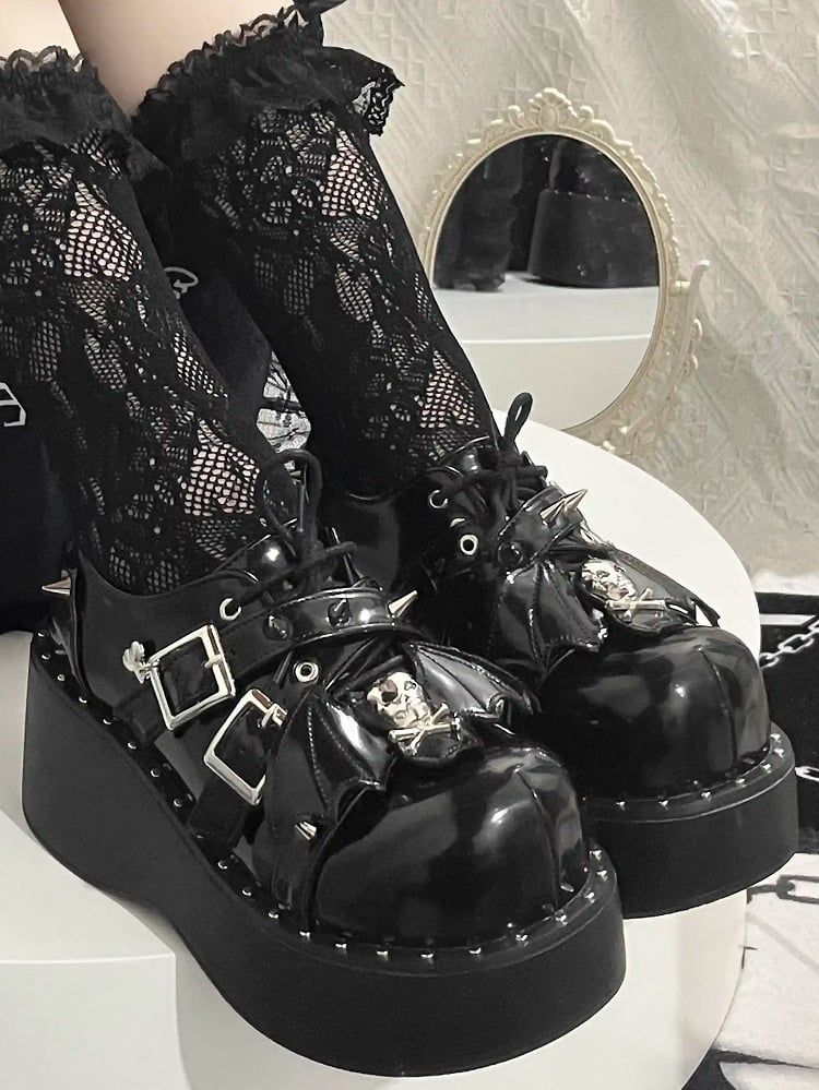 Y2K Black Punk Stud Buckle Strap Bat Wings Design Platform Shoes