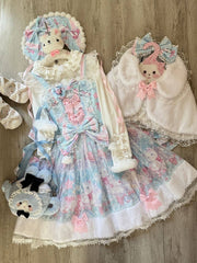 Blue & Pink Cat Print Sweet Lolita Dress with Bow Accents and Fur Trim Hem