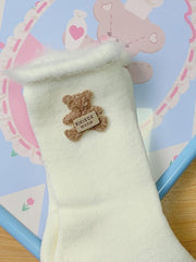 Winter Daily Kawaii White Cuffed Socks with Bear Decor