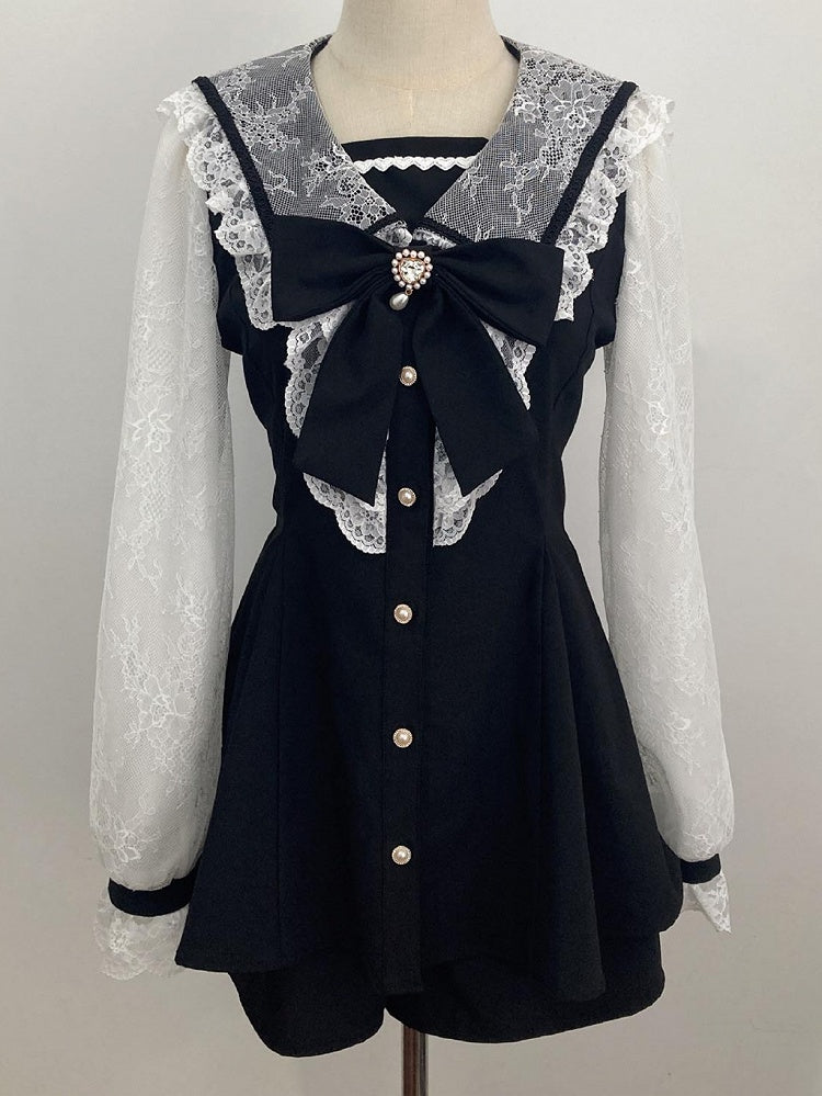 Jirai Kei Black Full Set: Lace Sailor Collar Mini Dress with Mesh Long Sleeves, Shorts & Detachable Bow Tie