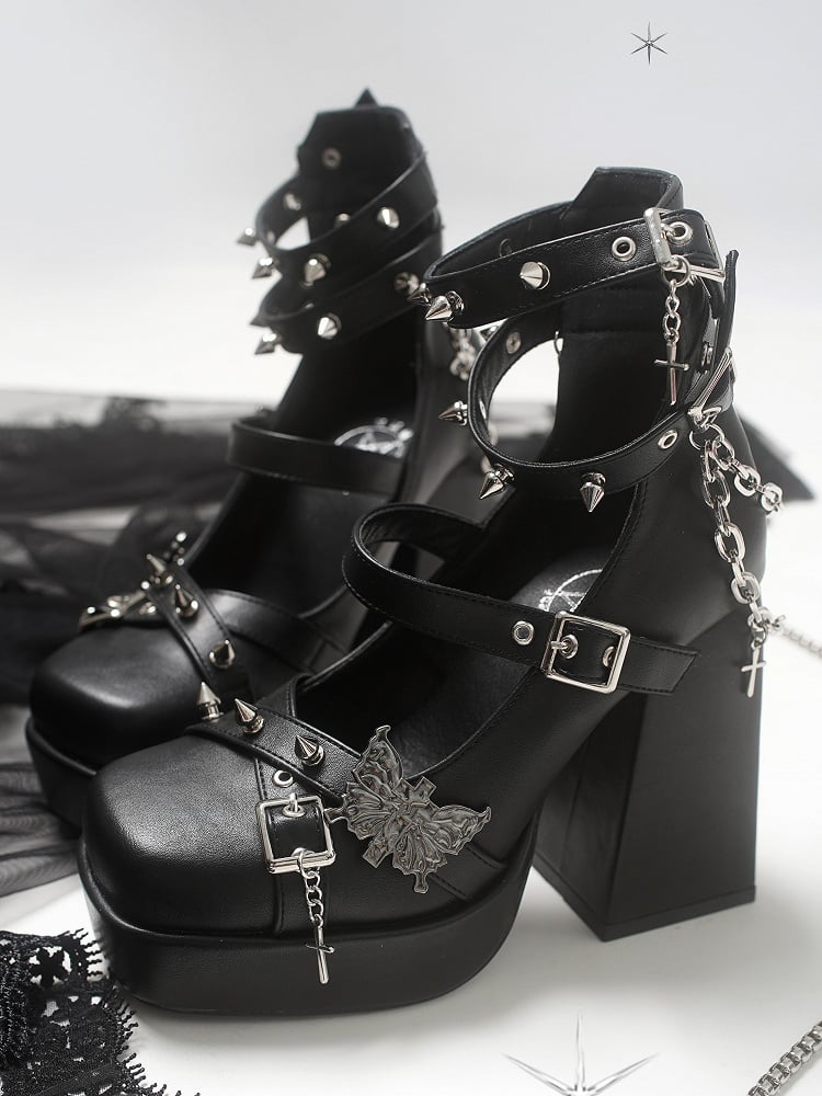 Butterfly Matte Black High Block Heel Punk-lolita Platform Shoes