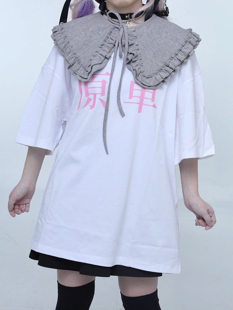White Jirai Kei Oversized Round Neck  Graphic T-shirt