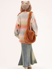 Cozy Rainbow Gradient Knit Pullover Sweater with Playful Pink Highlights