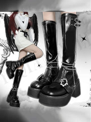 Y2K Gothic Platform Knee-high Boots in Polished Black with Coffin Buckles & Detachable Cross Chains