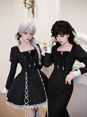 Black Juliette Sleeves Lolita Mermaid Dress with Cross Embroidery Patch Cuffs