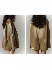 Vintage Khaki Punk Distressed Hole Longline Denim Blazer with 3D Pockets & Pins