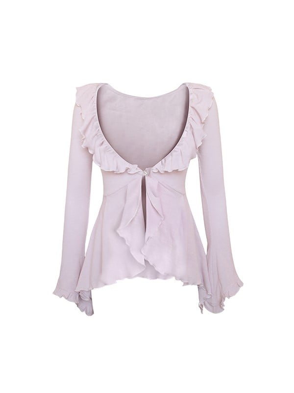 Purple Ruffled Knit Cardigan with Long Sleeves